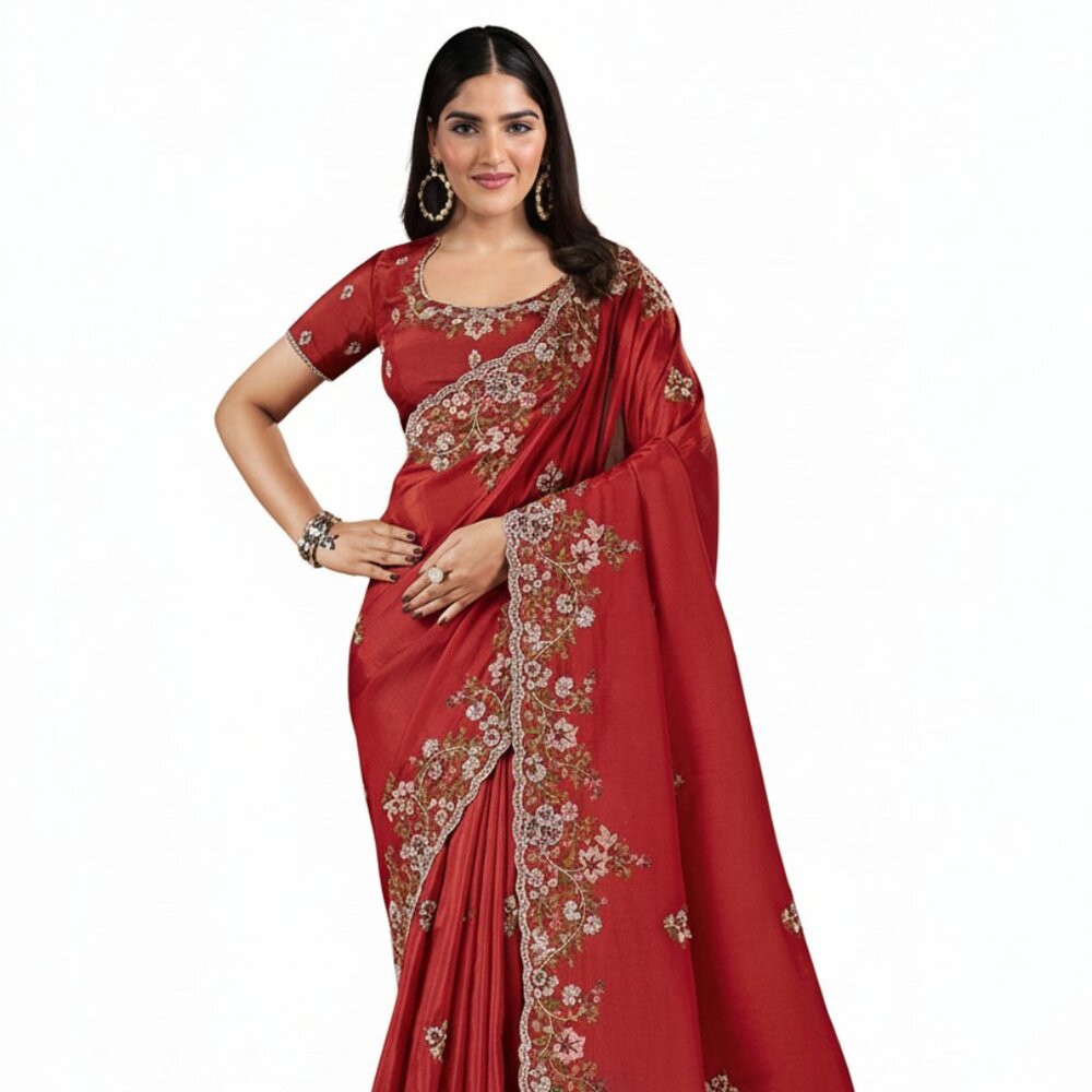 Elegant Women's Embroidered Upada Silk Saree - Red